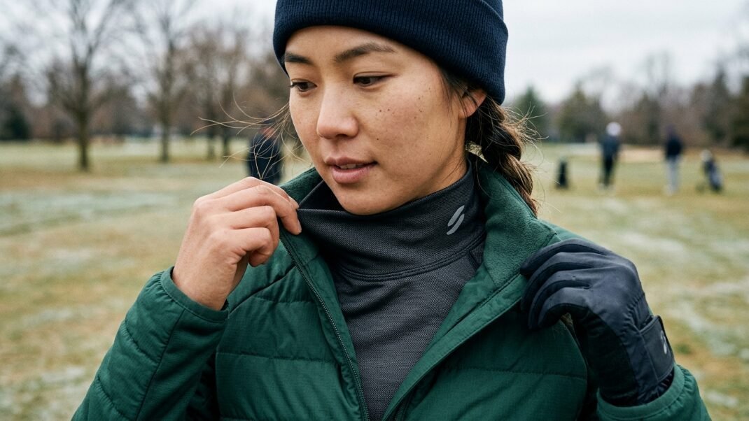 Close-up of a woman in a knit beanie and dark golf gloves adjusting the collar of her quilted green jacket outdoors.