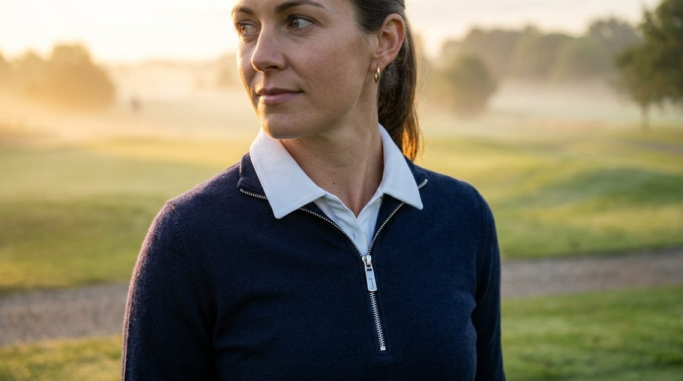 Close-up of a woman in a navy quarter-zip sweater outdoors in morning light.