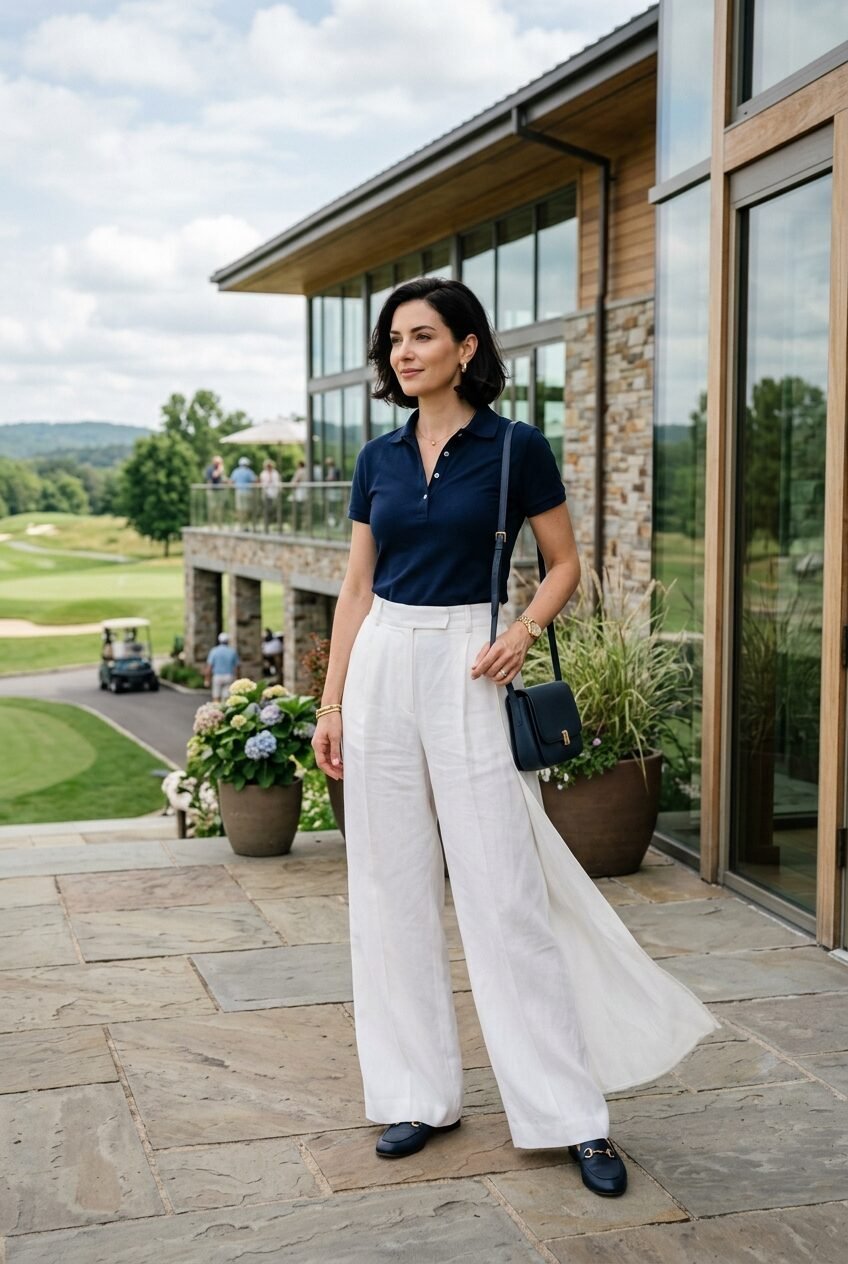A woman stands on a stone patio wearing a dark blue polo and flowing white pants with a shoulder bag.