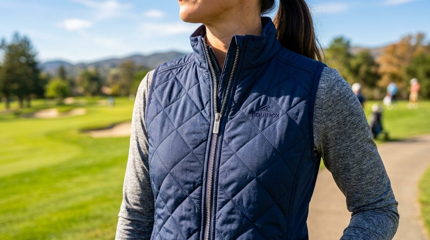Close-up of a person in a navy Equinox branded puffer vest over a grey long-sleeve shirt on a golf course.