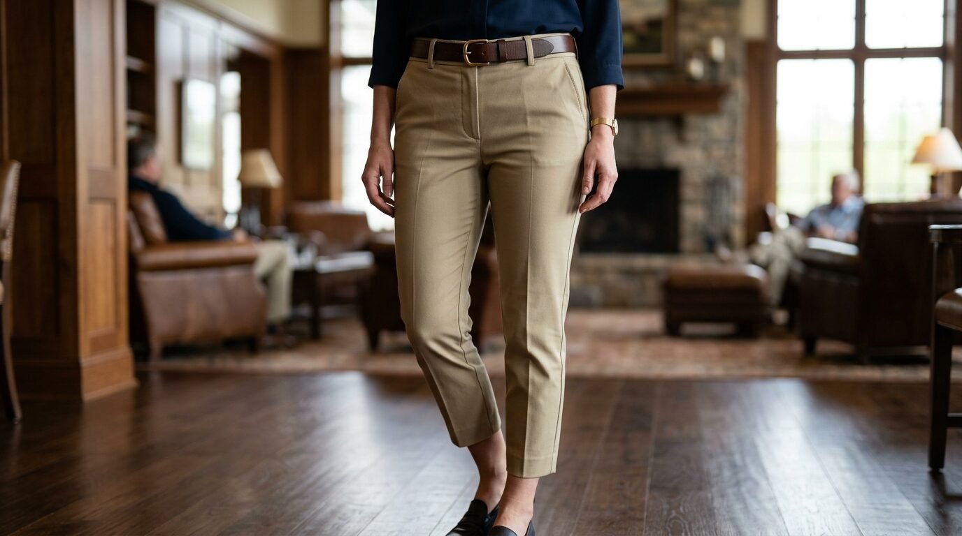 Midsection of a person wearing khaki dress pants and a dark blue shirt standing in a lounge.