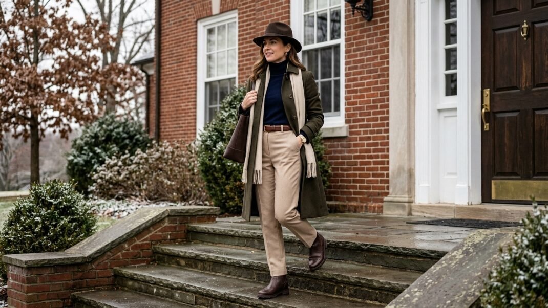 A smiling woman wearing a dark coat and hat exits a brick house during a winter day.
