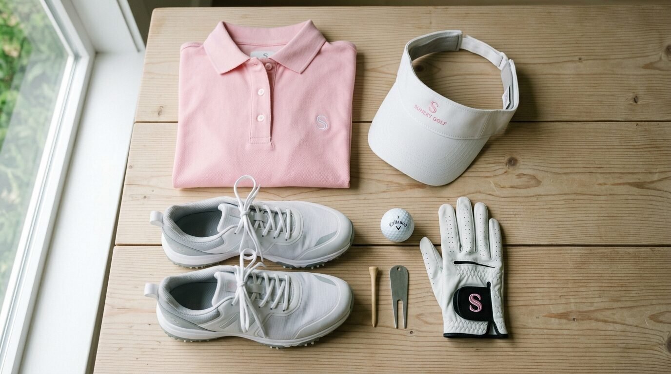 Pink polo shirt, white visor, golf shoes, glove, ball, and divot tool arranged on a wooden table.