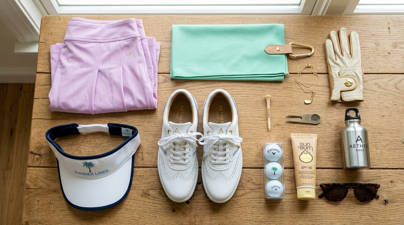 A flatlay of golf items on wood including a pink skirt, visor, white shoes, sunscreen, balls, and a beige golf glove.