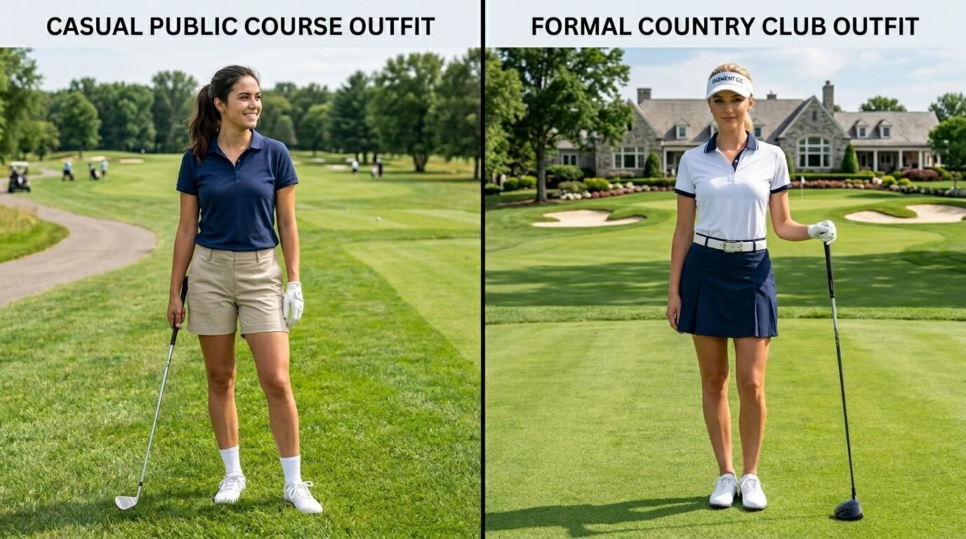 Side-by-side comparison of a woman in a polo and shorts versus a woman in a polo and skirt on a golf course.