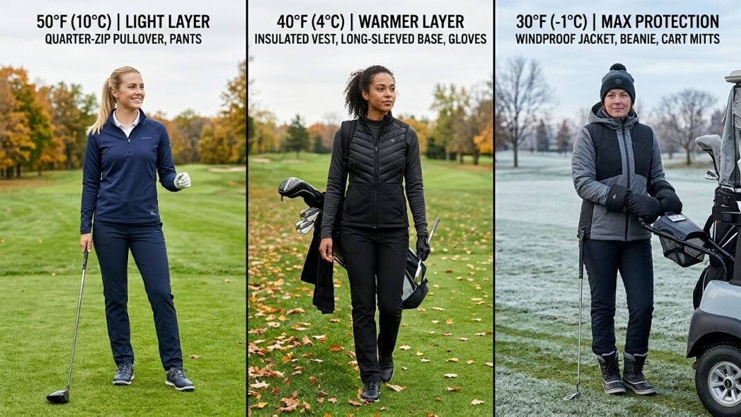 Three female golfers on a course wearing increasing layers of clothing for cold, autumn, and winter weather conditions.