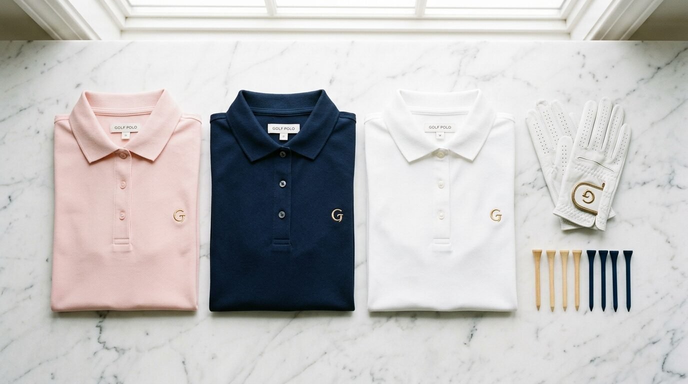 Pink, navy, and white golf shirts next to a white leather glove and matching golf tees on a marble table.