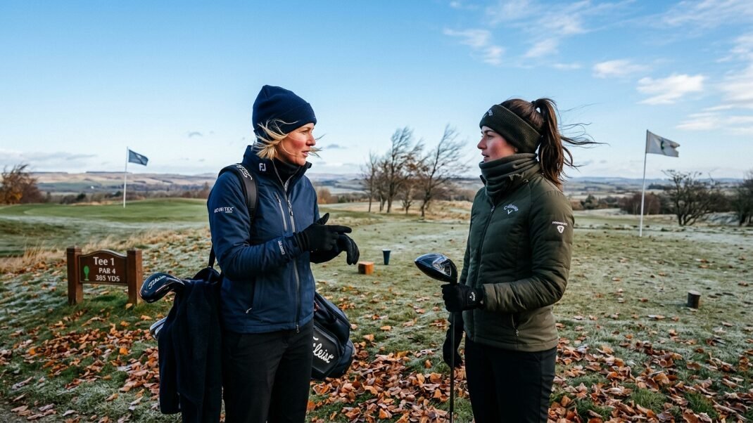 Two female golfers in winter gear holding clubs on a chilly, frost-covered golf course.
