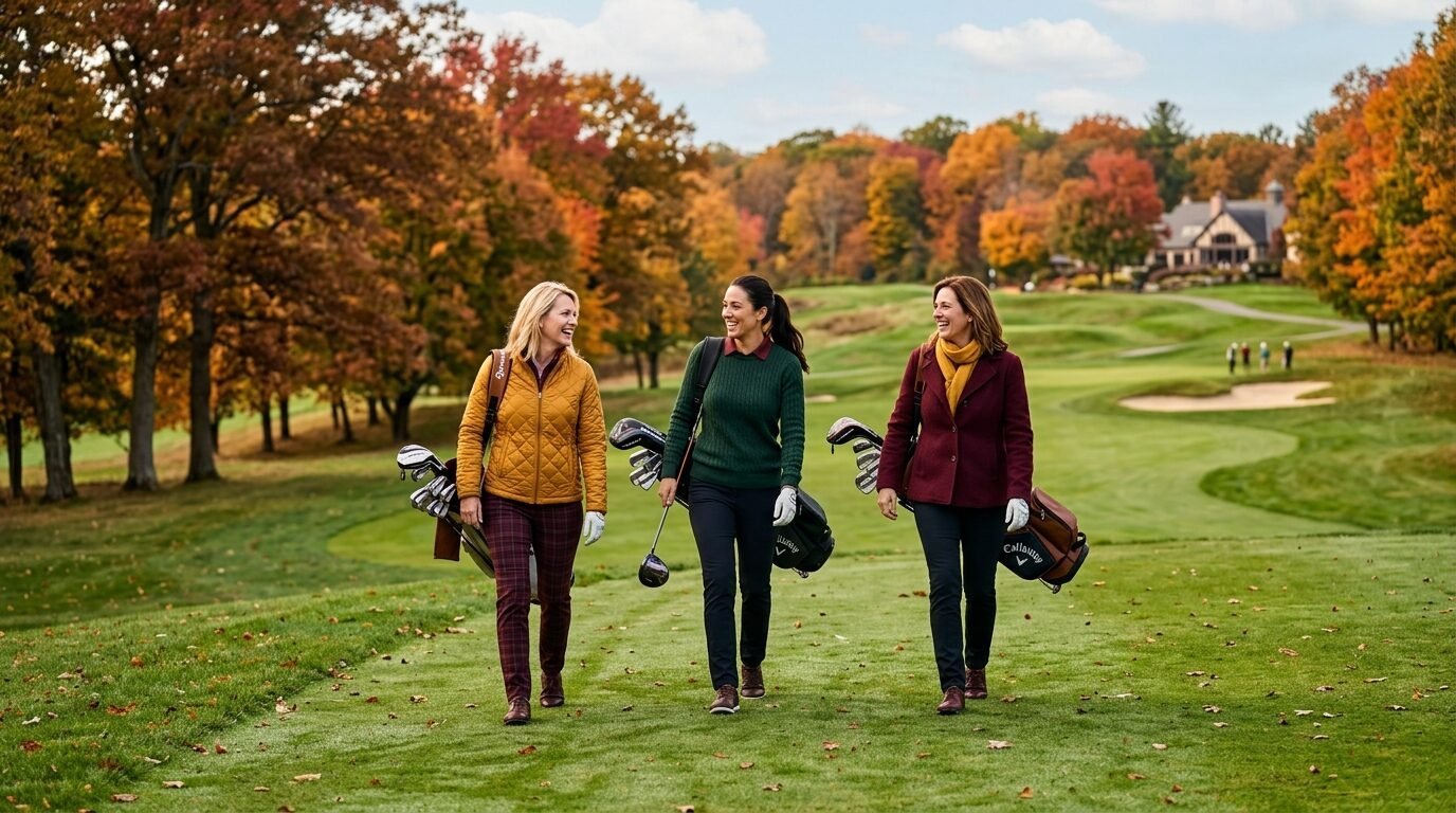 Three women carrying golf bags walking on a green course surrounded by colorful fall trees.