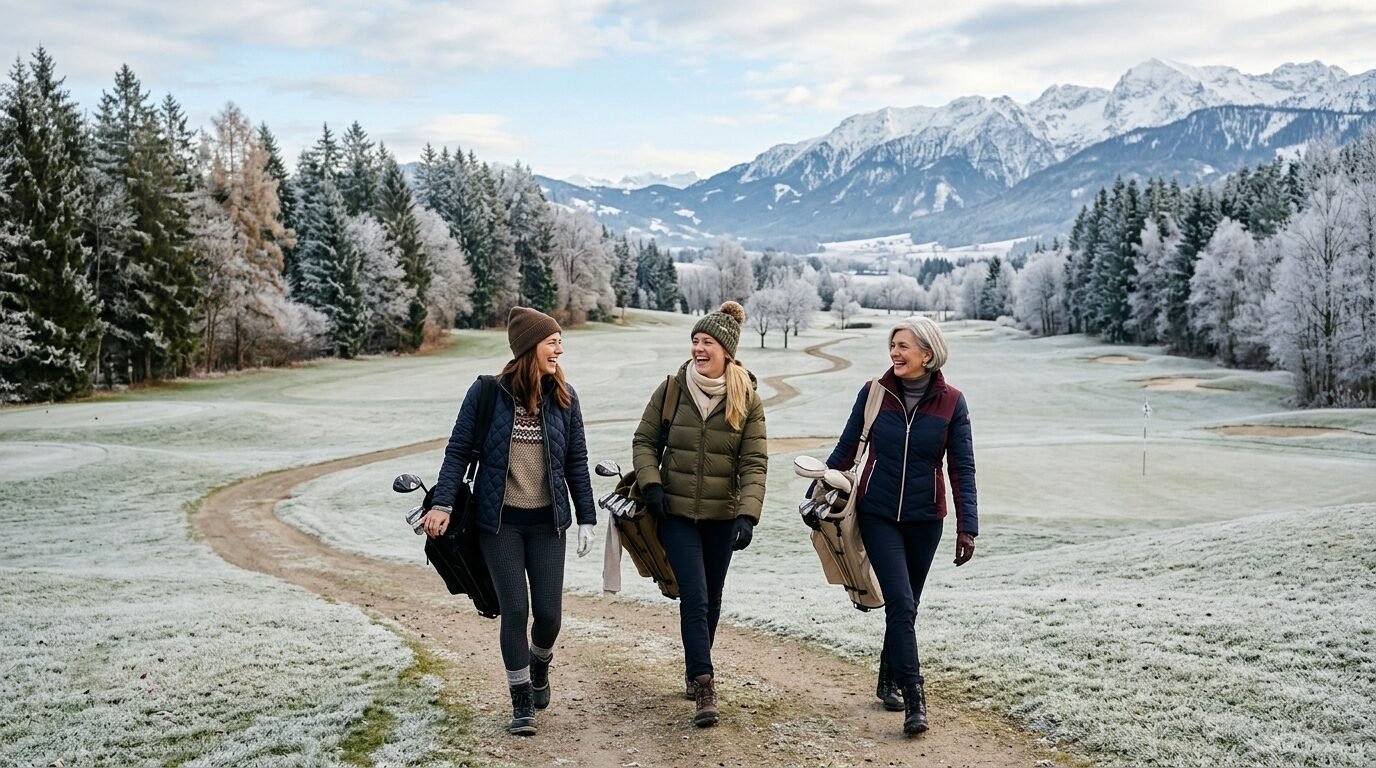 Three female golfers walking along a snowy trail on a frozen golf course with mountains in the background.