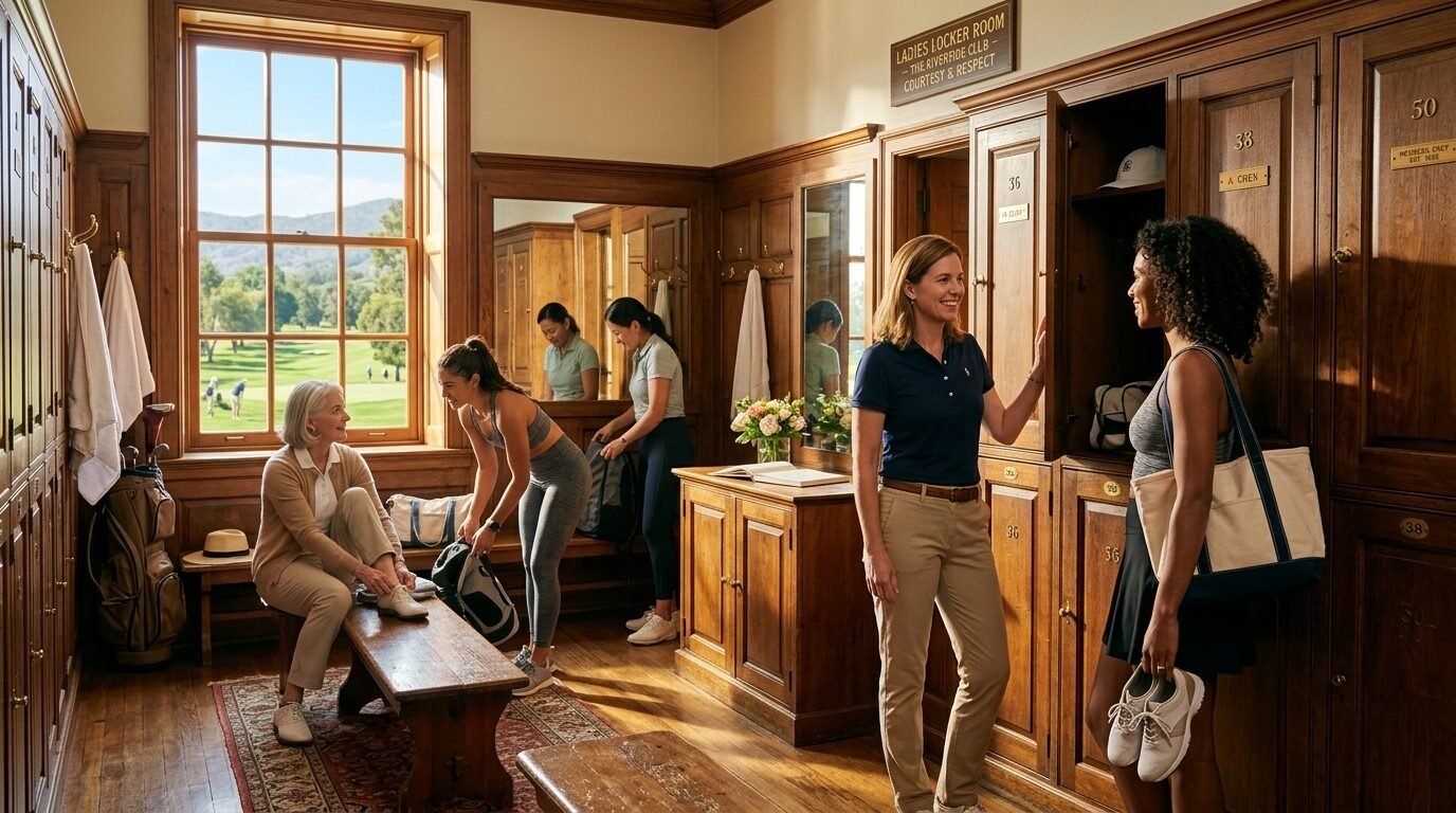 Diverse group of women preparing for golf in a sunlit club locker room with wooden lockers and a golf course view.