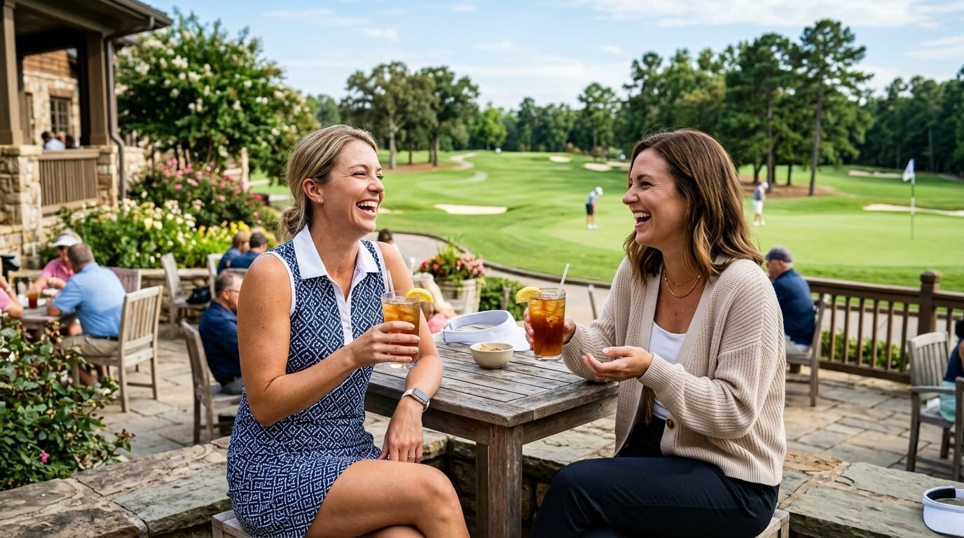Two women laughing while holding glasses of tea at an outdoor wooden table overlooking a golf course.