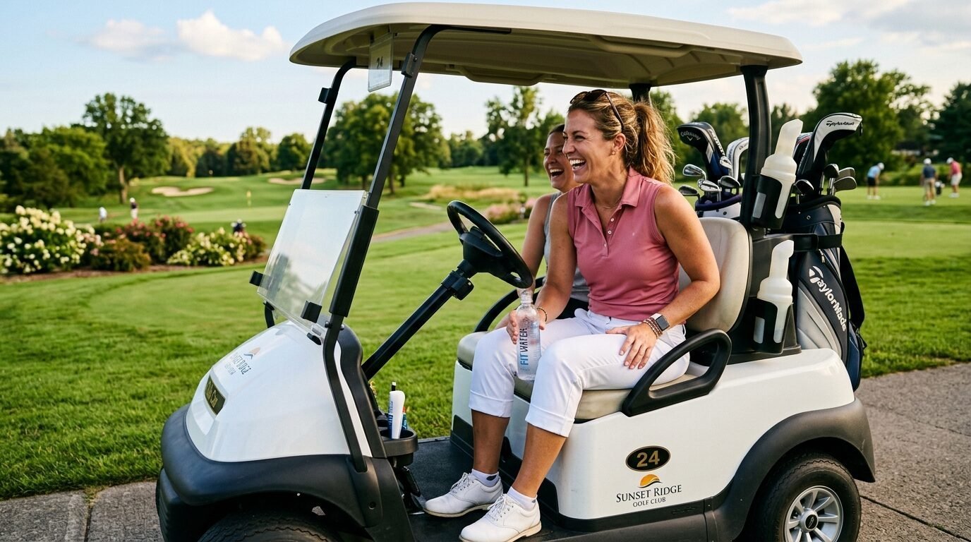 Two smiling women sitting inside a white golf cart on a sunny day at the golf course.