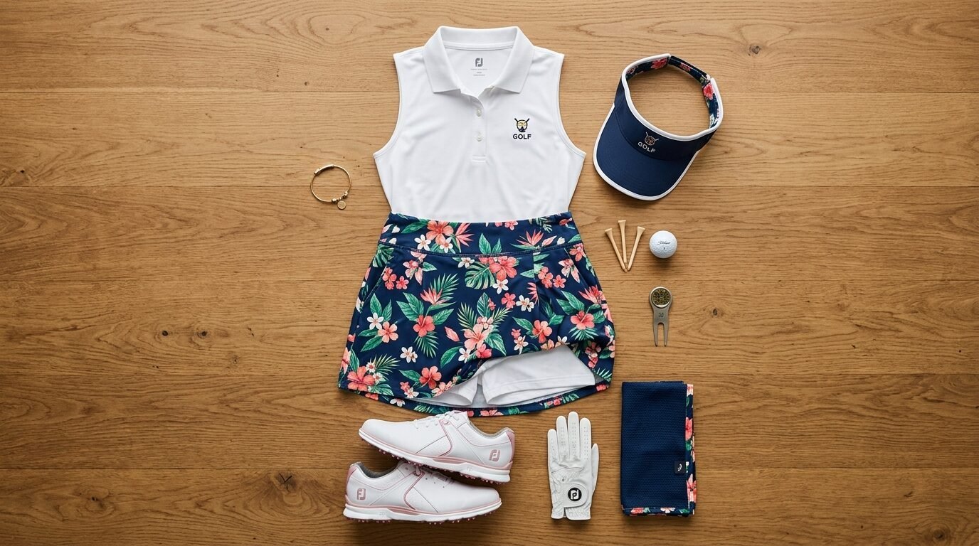 Flatlay of women's white sleeveless polo, floral skort, blue visor, golf shoes, glove, and equipment on wood floor.