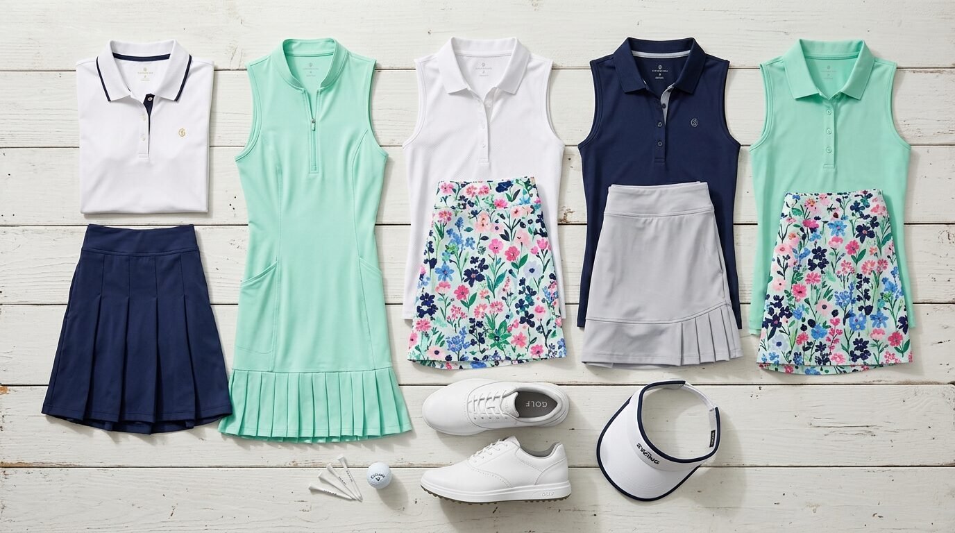 Flat lay of women's golf clothing including sleeveless tops, floral skirts, white sneakers, and a visor.