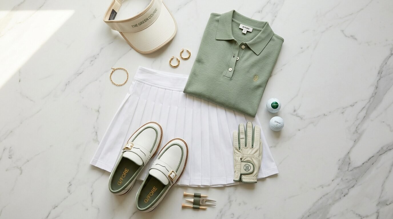 A flat lay of a green golf polo, white pleated skirt, visor, loafers, glove, and golf balls on marble.