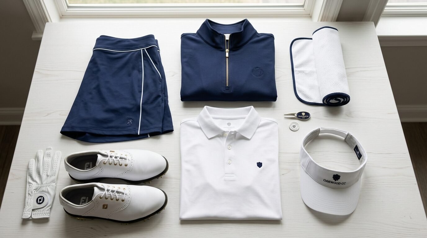 A navy skirt, white polo, golf shoes, visor, and towel arranged neatly on a white table for a golf outfit.