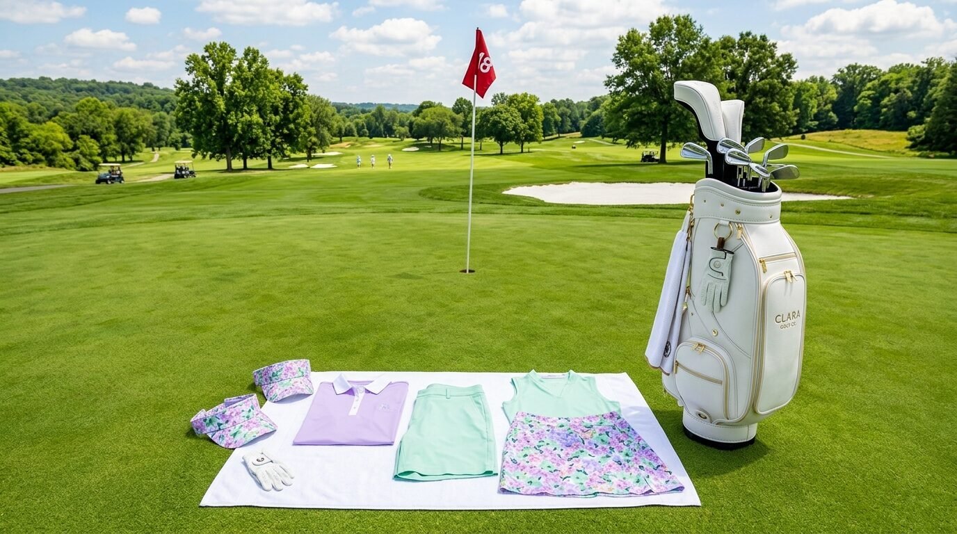 White leather golf bag beside a flat lay of floral visors, a lilac polo, and golf skirts on a putting green.