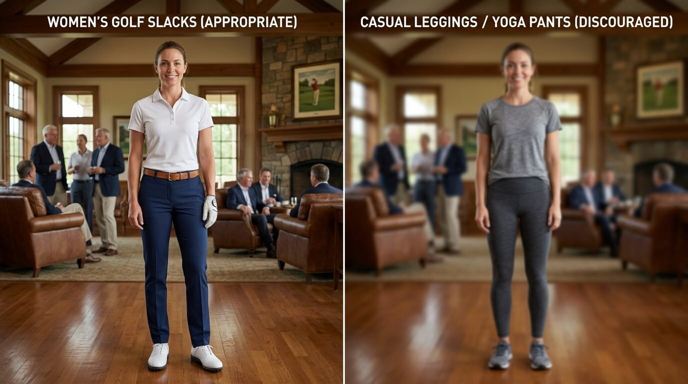 Split screen image showing proper golf attire on the left and discouraged casual gym wear on the right.