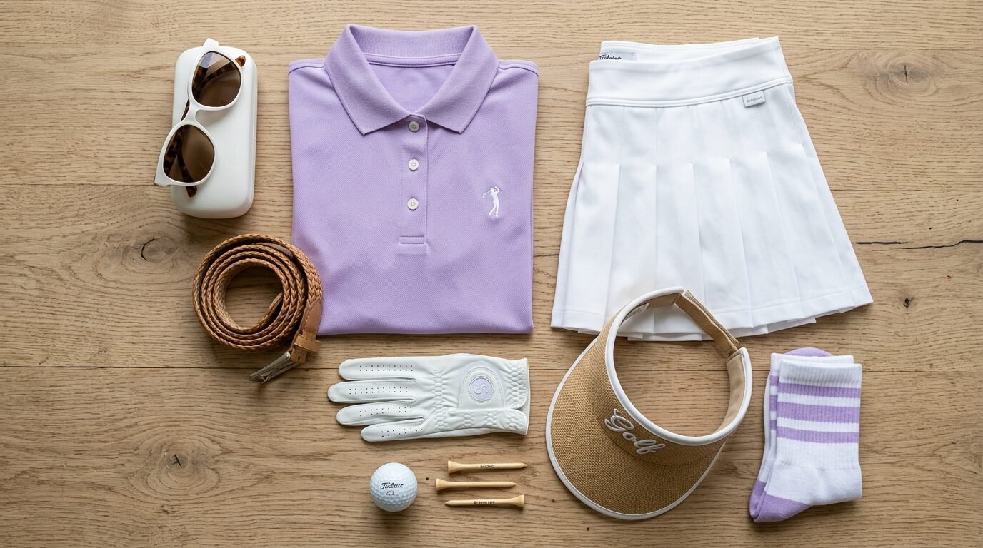 Lavender golf shirt, white pleated skirt, visor, golf glove, and accessories arranged on a wooden surface.
