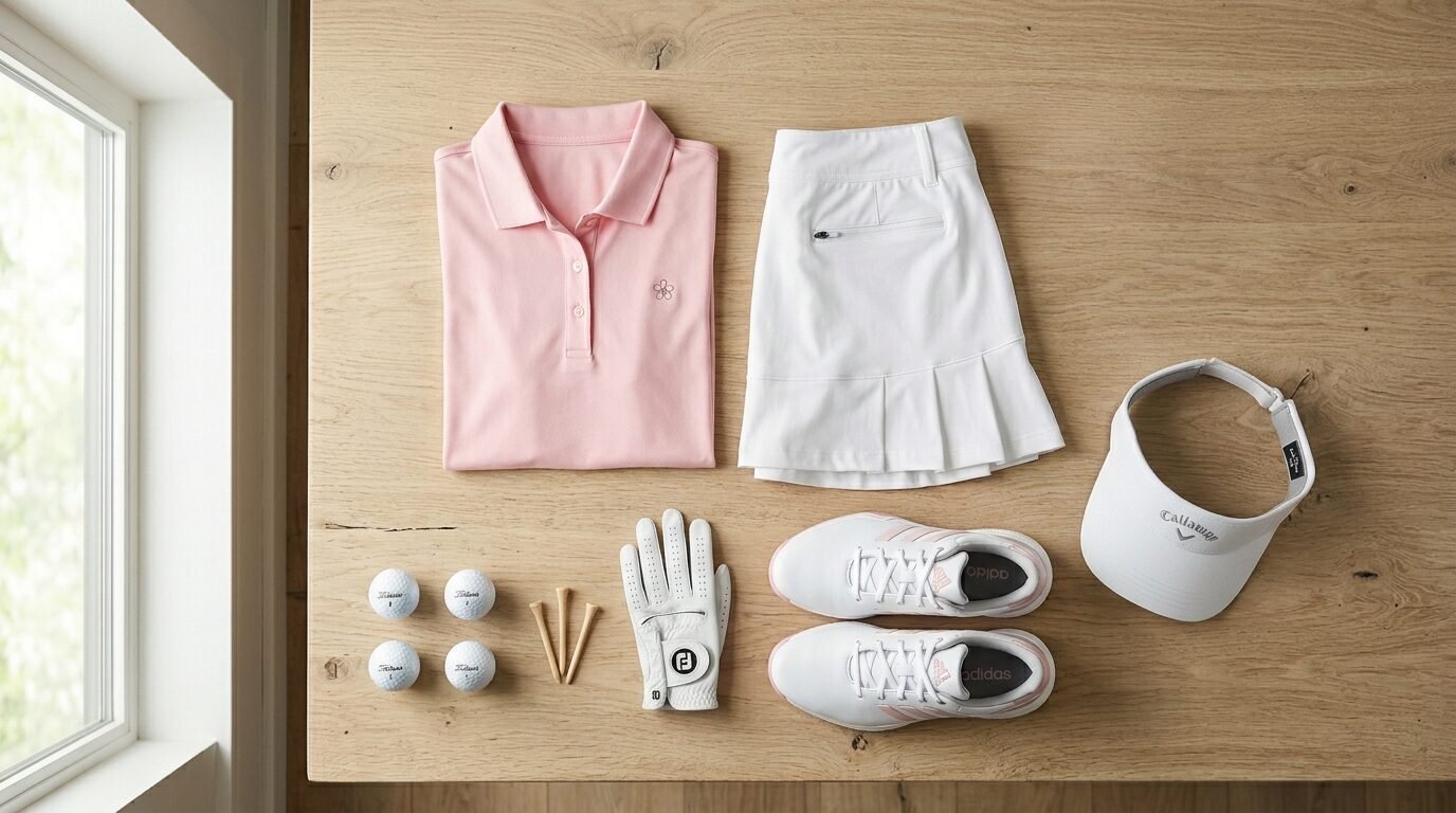 Pink polo, white skirt, golf shoes, visor, and balls arranged neatly on a wooden table surface.