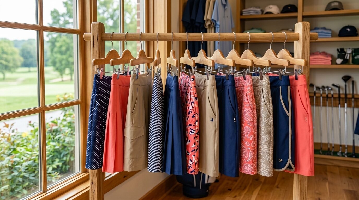 Colorful patterned and solid-colored golf skirts hanging on wooden hangers inside a pro shop.