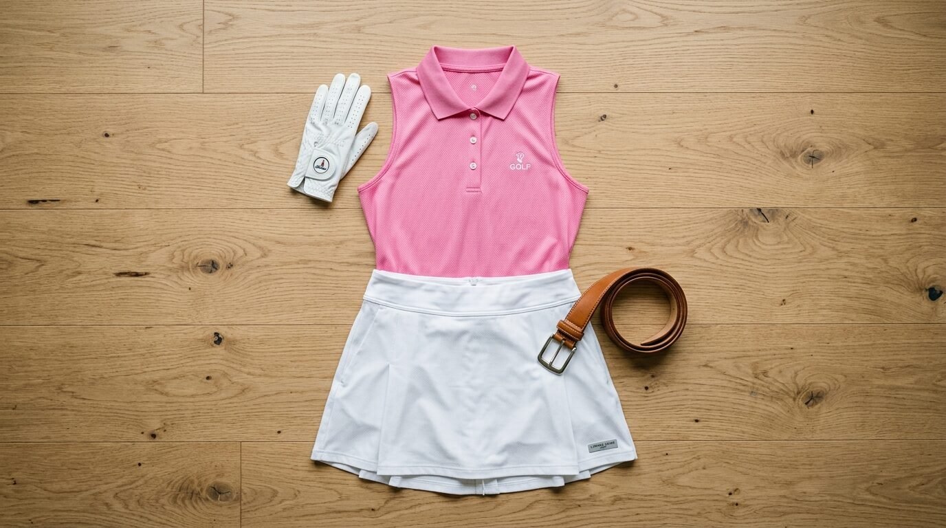 Pink polo shirt, white pleated skort, leather belt, and white golf glove on wooden floor.