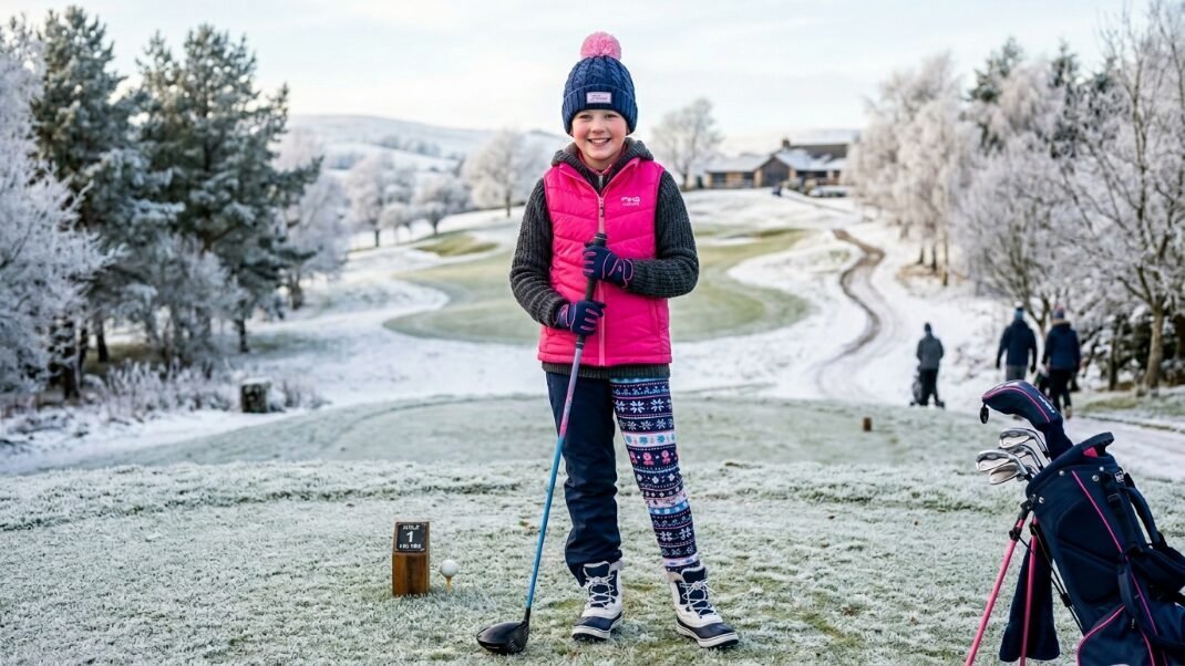 Girl in a bright pink vest and winter hat standing on a snowy golf tee box with her equipment bag nearby.