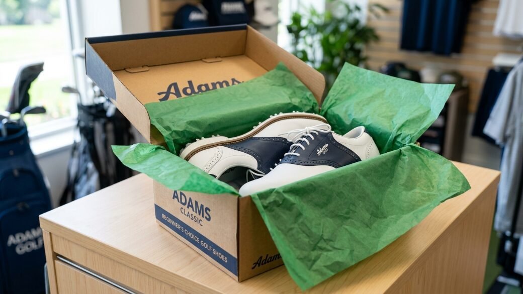 New Adams Classic golf shoes resting in an open cardboard box with green tissue paper on a wooden store counter.
