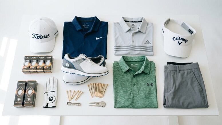 Top-down view of golf shirts, shoes, hats, balls, gloves, and tees laid out on a white surface.