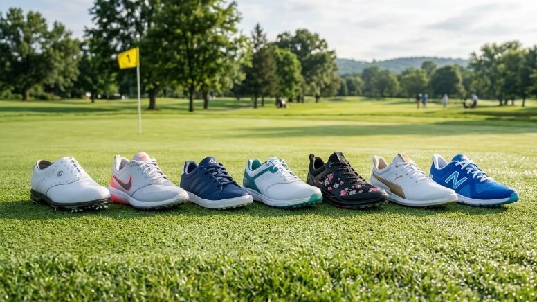Seven different pairs of brand name golf sneakers lined up in a row on a sunny golf course grass field.