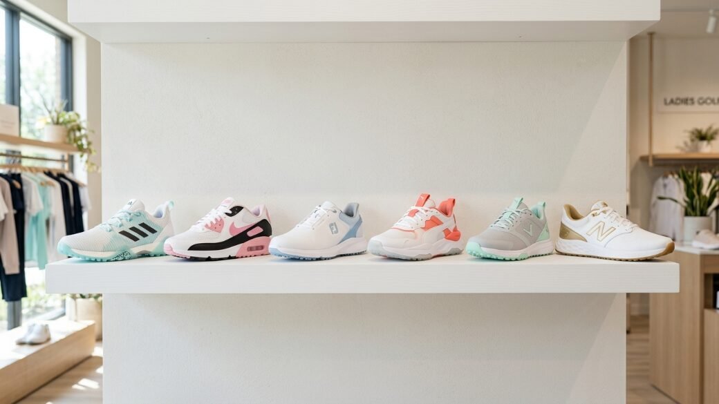 Side profile of six different pairs of athletic golf sneakers lined up on a clean white retail display shelf.