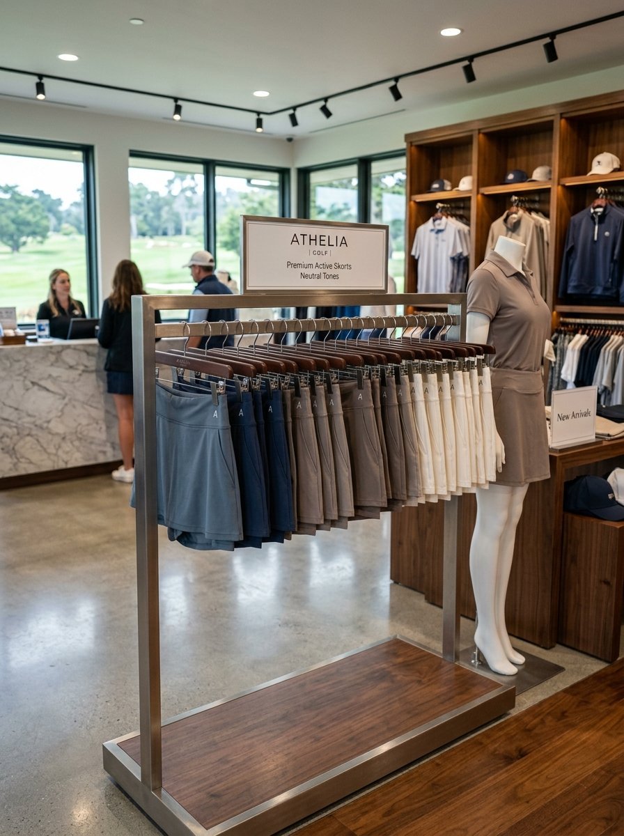 A clothing rack in a golf shop filled with pleated active skorts in neutral colors next to a mannequin.