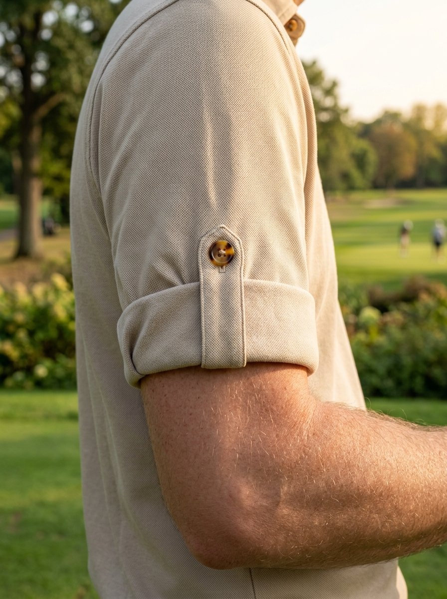 Detail view of a cuffed sleeve on a beige polo shirt with a tortoiseshell button on a green golf course background.