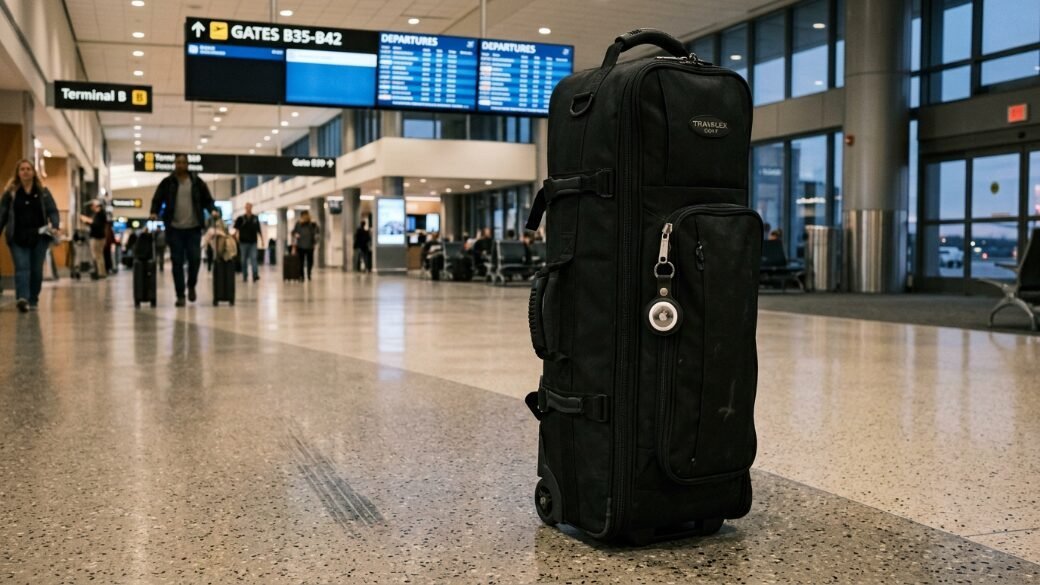 A black upright travel case with an AirTag attached standing on a polished airport floor with travelers in the background.