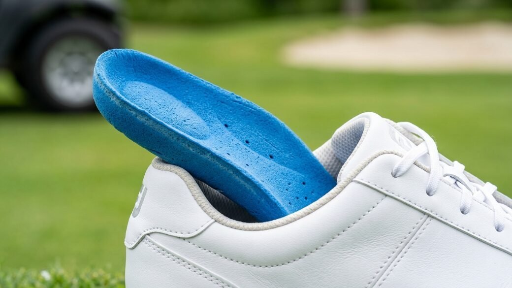 A close-up of a blue athletic shoe insert partially removed from a white golf sneaker on a green course.