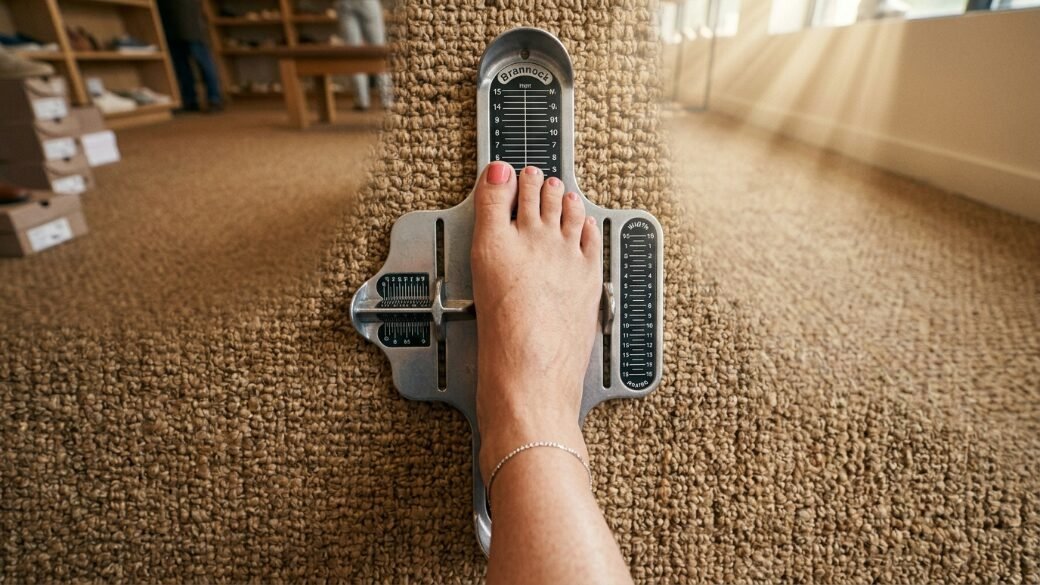 Close up overhead view of a bare foot placed on a steel professional shoe fitting tool inside a store.