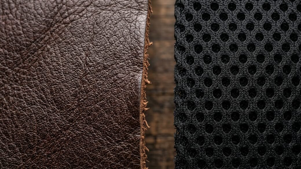 Texture comparison showing a piece of brown grained leather next to a section of breathable black athletic mesh.