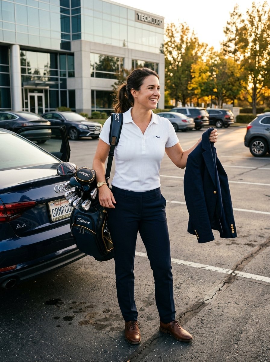 A smiling woman in a white polo and navy pants holds a blazer while carrying a golf bag by her Audi.