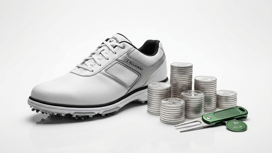 One Callaway golf shoe, several stacks of metallic coins, and a green golf repair tool on a white surface.