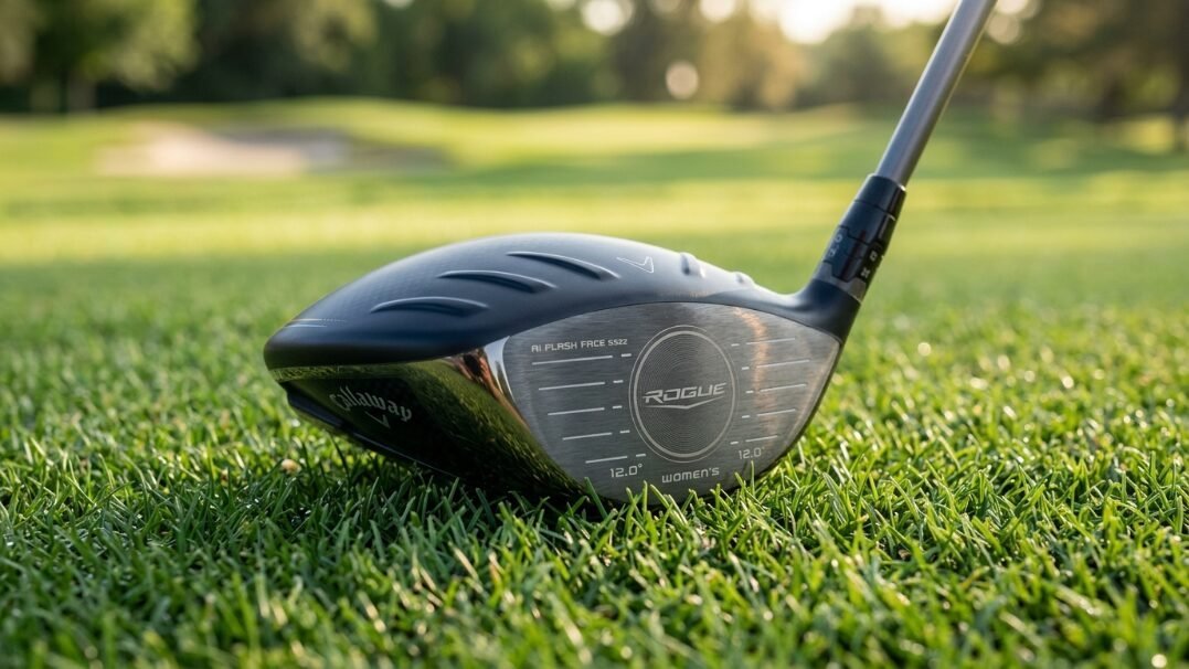 Close-up of a Callaway Rogue women's driver head resting on green golf course grass.