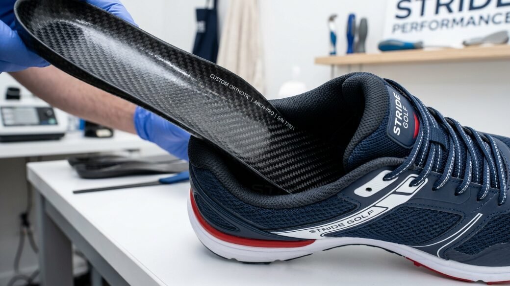 Technician in blue gloves placing a carbon fiber arch support insert into a blue Stride Golf shoe.