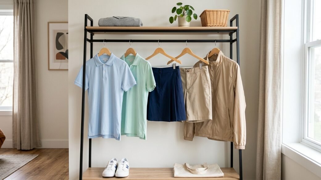 A metal garment rack holding polo shirts, a skirt, shorts, and a light jacket with sneakers on the bottom shelf.