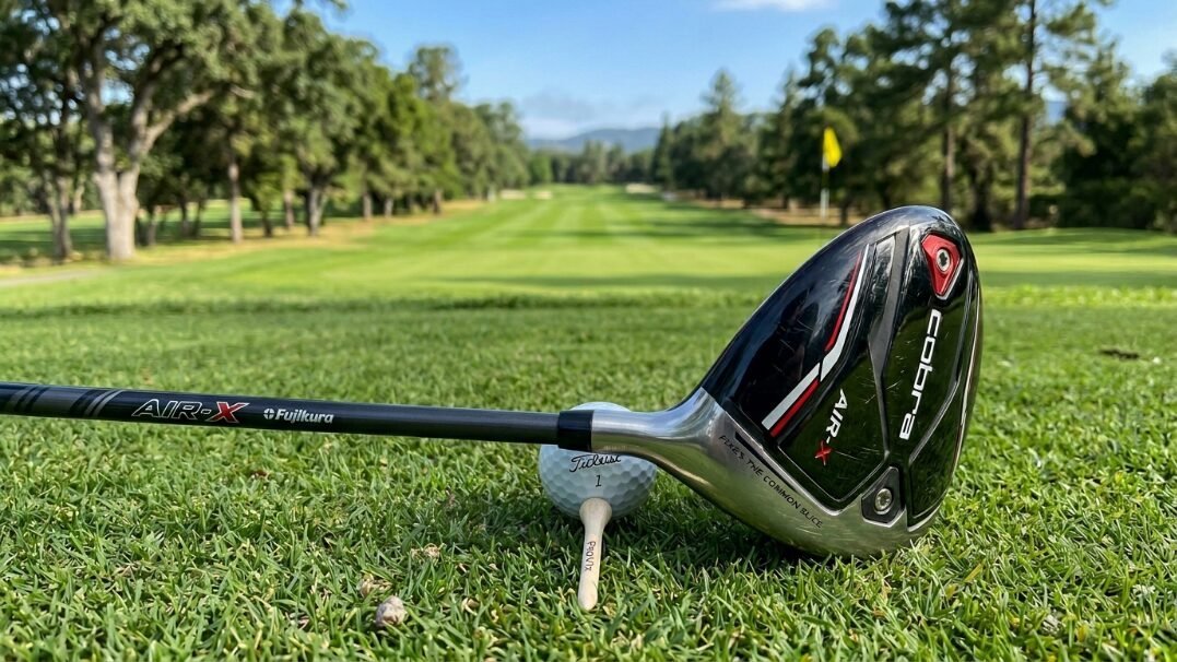 Close-up of a Cobra Air-X golf club positioned behind a white ball on a tee with a fairway background.