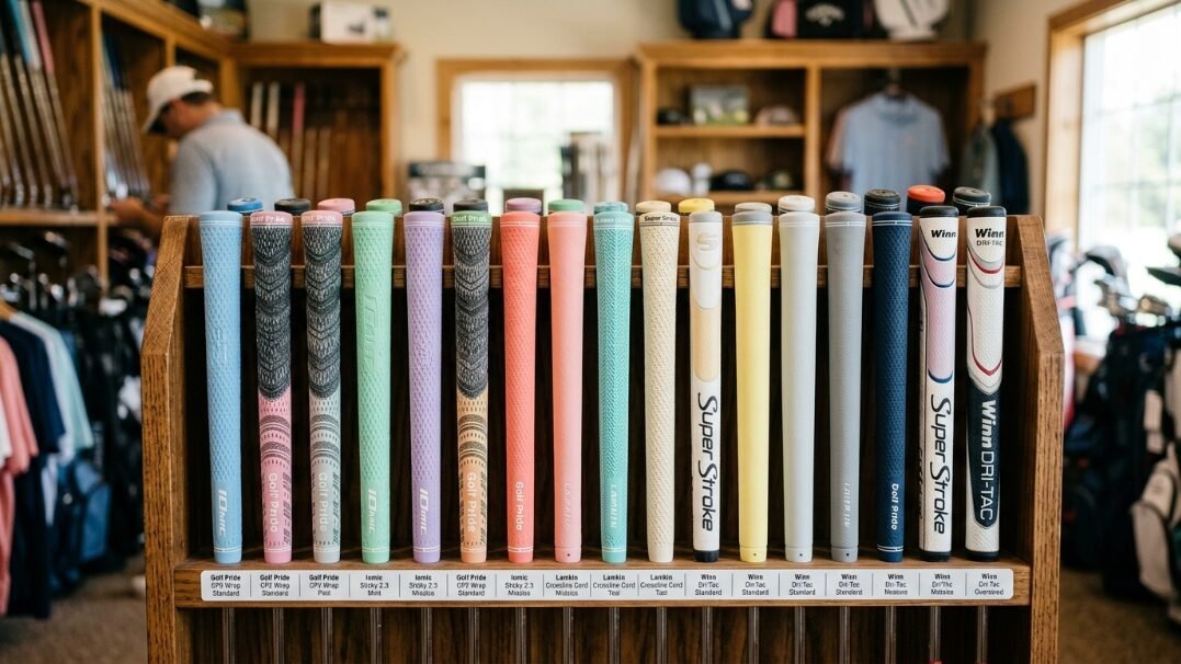 A wooden rack displaying various colorful and branded golf club grips in a pro shop.