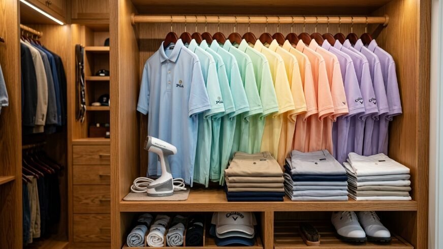 Row of colorful pastel polo shirts hanging above neatly stacked trousers and golf accessories in a luxury wardrobe.