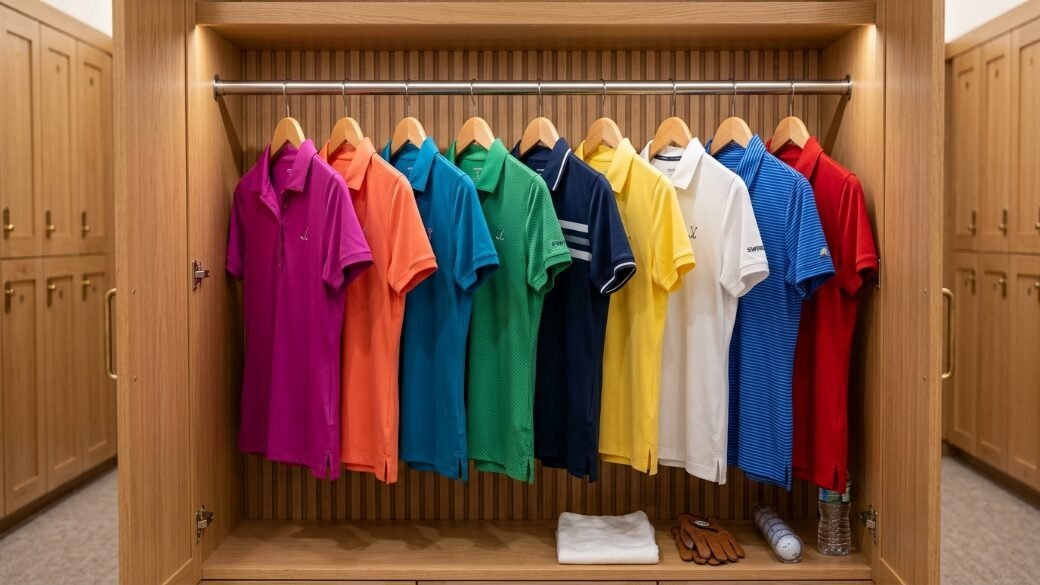 Collection of multi-colored athletic polo shirts displayed on hangers within a locker storage unit.