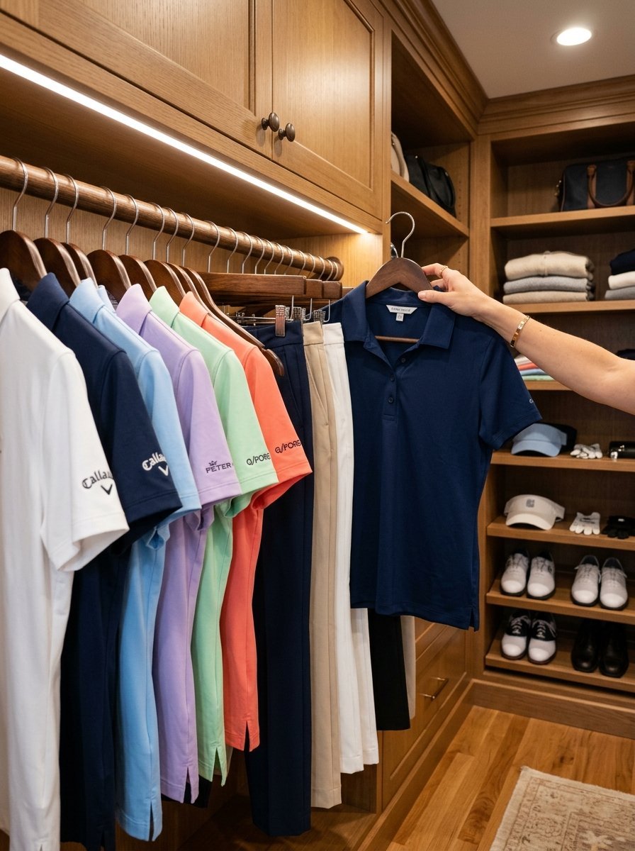Close up of a hand holding a navy polo in a wooden closet filled with colorful golf shirts and accessories.