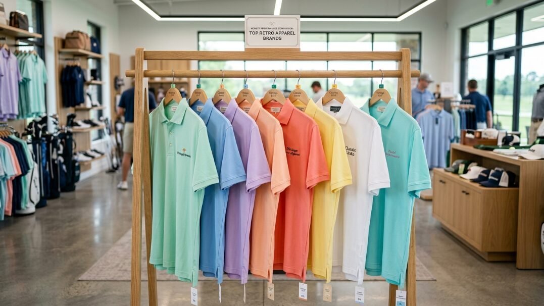 Row of pastel-colored golf shirts hanging on a wooden display rack inside a retail shop.