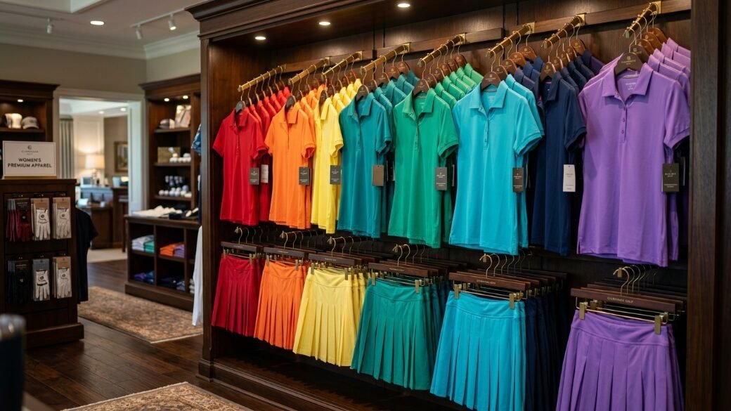Colorful women's golf shirts and matching pleated skirts hanging on display racks in a high-end retail boutique.